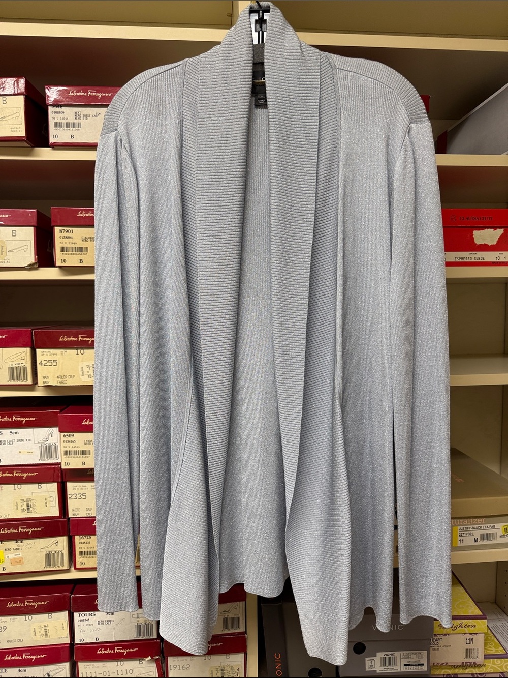 St. John Metallic Silver Knit Cardigan